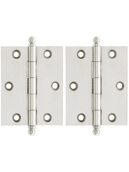 Premium Solid Brass Ball-Tip Cabinet Hinges Pair - 2 1/2 inch by 2 inch in Polished Nickel.